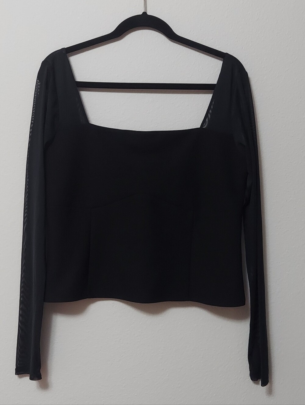 Abercrombie & Fitch Women’s XL Black Crop Top Sheer Mesh Sleeves Square Neck